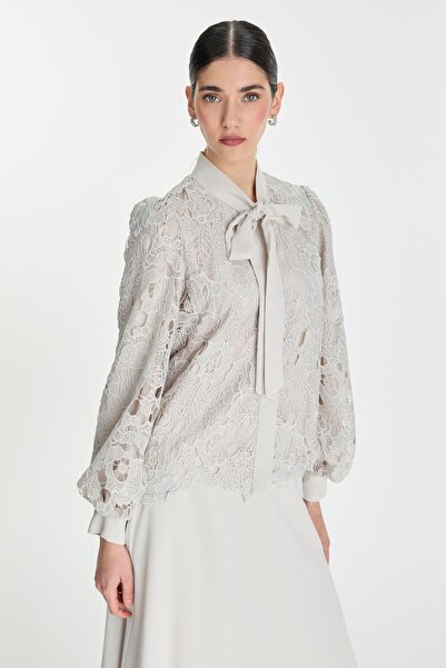 Zühre Bow Detailed Lace Gray Double Suit Tk-1452