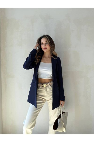 ENZOI Navy Blue Double Breasted Collar Buttoned Blazer Jacket