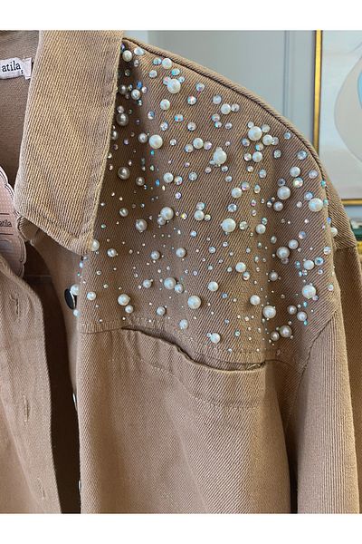 Hatun Atila Μακρυμάνικο Crop Jacket με λεπτομέρειες με πέρλες και πέτρες - Καφέ