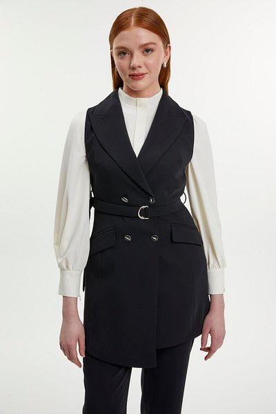 Zühre Double Breasted Collar Belted Black Triple Combination Suit Tk-0911