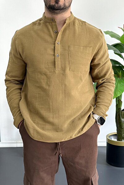 Edwox Erkek Hakim Yaka Yarım Patlı Cepli Gömlek Hardal Edw361