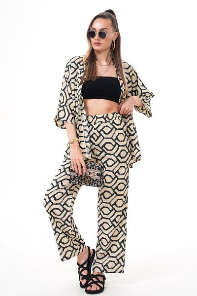 ŞİMAL Women's Patterned Open Front Jacket Detailed Trouser Suit 250368 -