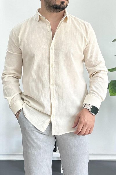 Edwox Ανδρικό πουκάμισο από ύφασμα Crinkle Cream Edw362