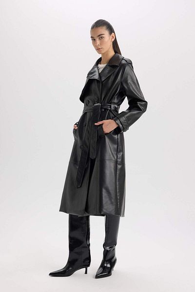 DeFacto Water Repellent Faux Leather Black Women's Trench Coat A7960Ax/Bk27