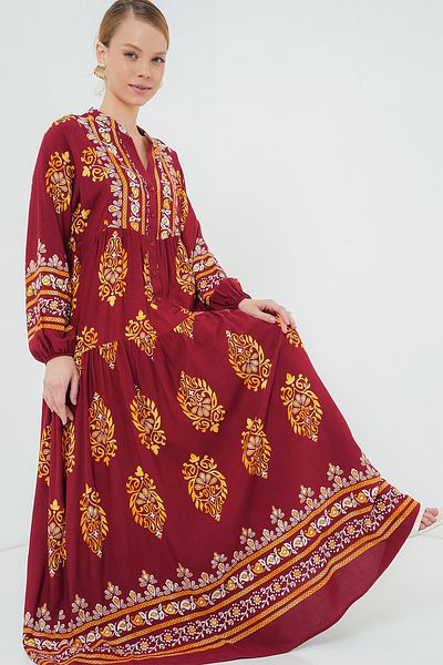 Bigdart 2423 Φόρεμα Hijab με αυθεντικό σχέδιο - E. Claret Red