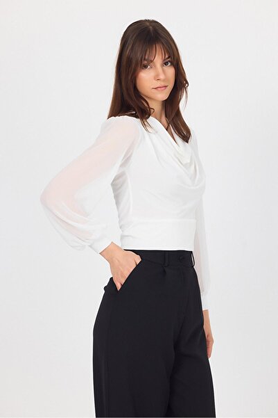 Rays White Draped Tulle Sleeve Detailed Blouse 9474