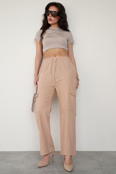 Seeh Beige Muslin Fabric Women's Trousers - Pocket Detail, Waist Elastic Sh186
