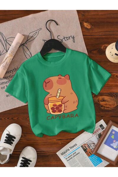 MORNİNG KİDS Κοριτσίστικο μπλουζάκι Capy Bara με στάμπα με πράσινη λαιμόκοψη από βαμβακερό χτενισμένο