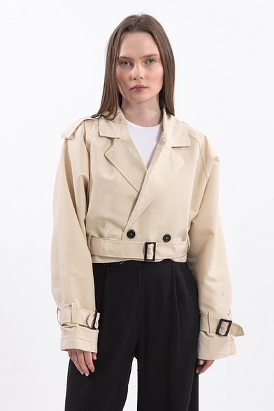 Hatun Atila Oversize Short Double-Breasted Cut Belted Trench Coat - Ecru