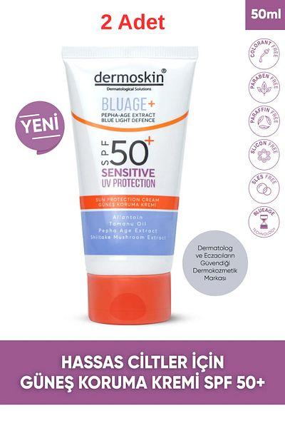 Dermoskin Blueage+ Moisturizing Sun Protection Cream for Sensitive Skin Spf 50+ |   Uv Protection |   50 ml - 2 Pieces