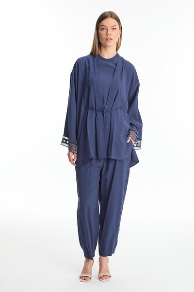 Zühre Wooden Bead Lacing Detailed Lace Cuff Navy Blue Triple Combination Suit Tk-1548