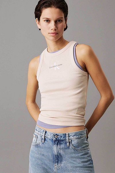 Calvin Klein Women's Monologo Rib Tank Top Blouse - Sand
