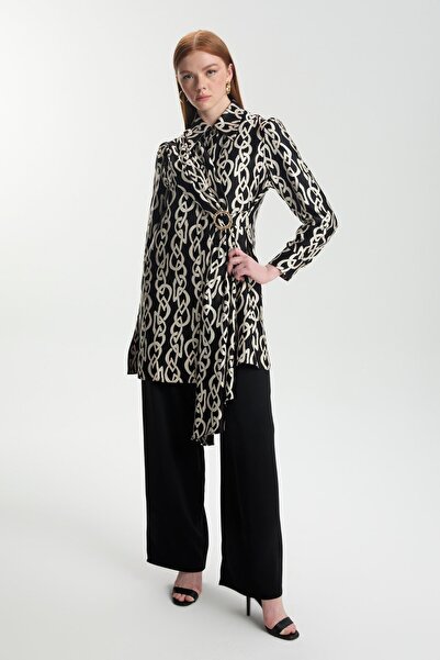Zühre Black Double Suit with Chain Pattern Buckle Belt Tk-1590