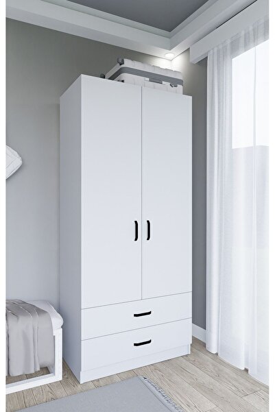 midoser Yaman 80 Cm Mat Beyaz 2 Kapaklı 2 Çekmeceli Elbise Dolabı - Gardırop