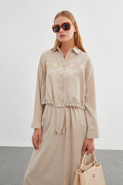 Zühre Lace Detailed Beige Double Suit Tk-1266