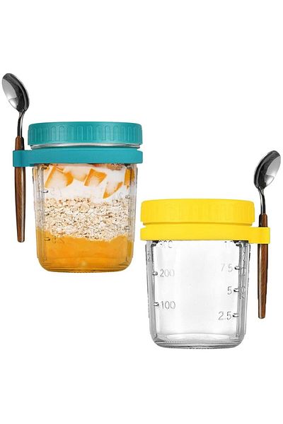 Quasar & Co. Set of 2 glasses with spoons Quasar & Co.®, graduated, to go, for breakfast, glass/stainless steel, yellow-turquoise
