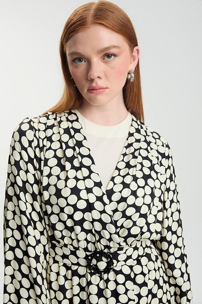 Zühre Polka Dot Patterned Belted Ecru Triple Combination Suit Tk-1495