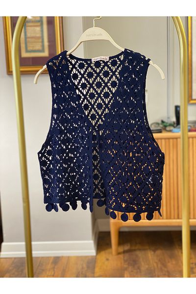 Hatun Atila Hatunatila Floral Patterned Acrylic Drainage Vest Navy Blue