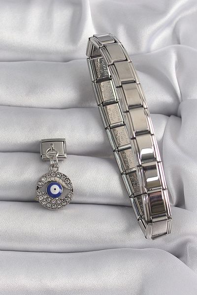 Store 316L Steel Silver Color Hanging Zircon Stone Eye Model Evil Eye Bead Detail Nomination Charm