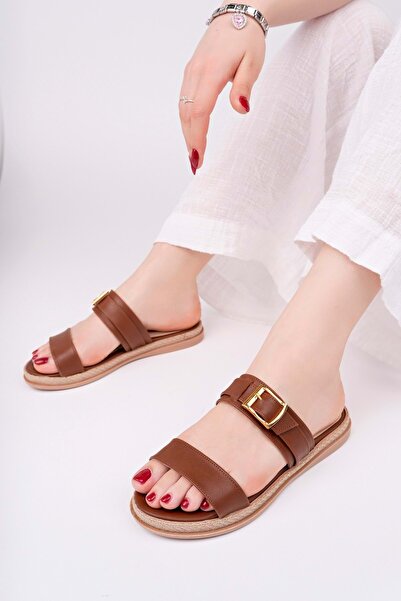 bulutmod Ba04580 Tan ženske papuče sa dva remena, mekim đonom i kopčom, 2cm - 38