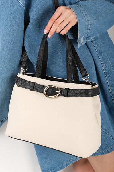 Mio Gusto Buckle Detailed Cream Fabric Black Color Handle Hand and Women's Shoulder Bag