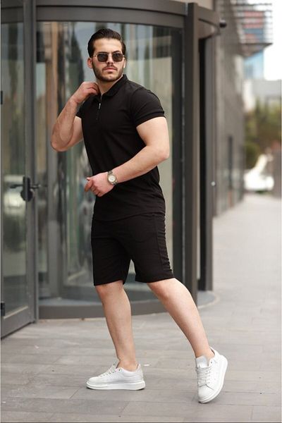 JANES Men's Collared Zippered T-Shirt Shorts Set of Two