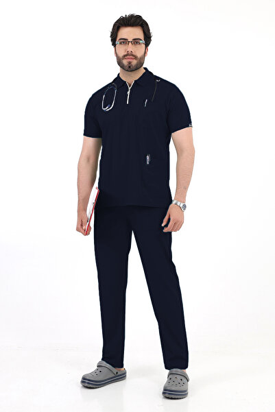 TİJA طقم زي طبيب وممرض للرجال بياقة بولو من الليكرا باللون الأزرق الداكن مع س...