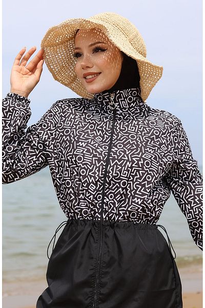 sefamerve Selen Full Covered Elastic Waist Hijab Μαγιό 5043-01 Μαύρο Λευκό