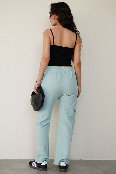 Seeh Green Muslin Fabric - Pocket Detailed Women's Trousers with Elastic Waist Sh186