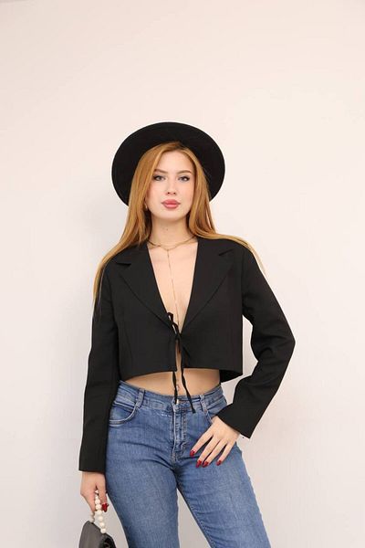 Gameyal Women's Comfortable Fit Front Tie Detailed Lace up Crop Jacket