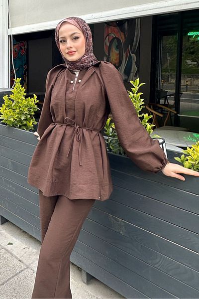 Ovn. Eloria Pearl Button Balloon Sleeve Suit - Dark Brown