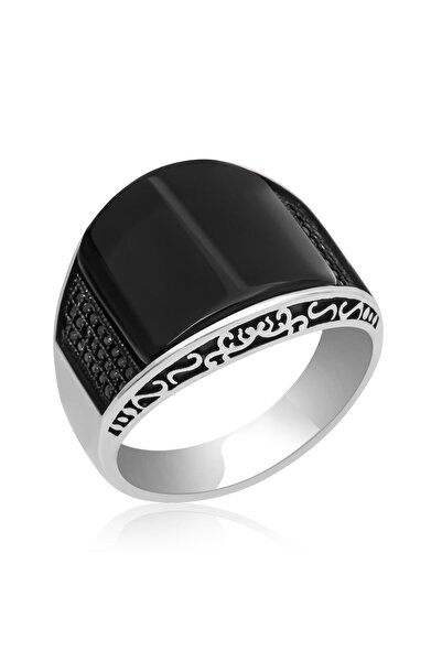 ALYANSEVİM Karpuz Kesim Siyah Taşlı 925 Gümüş Erkek Yüzük