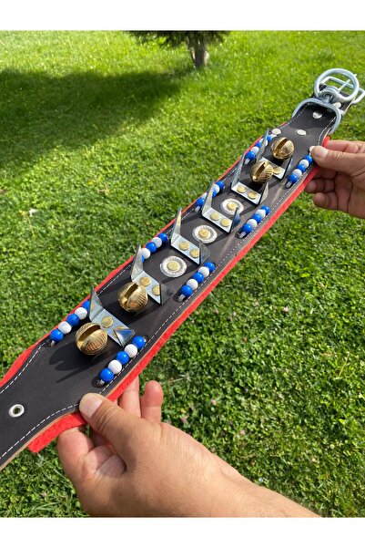 Sürmeli Tasma Kangal Köpek Tasması Çoban Serisi Hakiki Deri 4 Zilli Eğilmez Bükülmez Mavi Beyaz Boncuklu