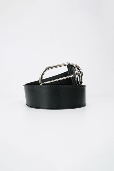 BE BLUE Black Silver Oval Buckle Detail Leather Belt