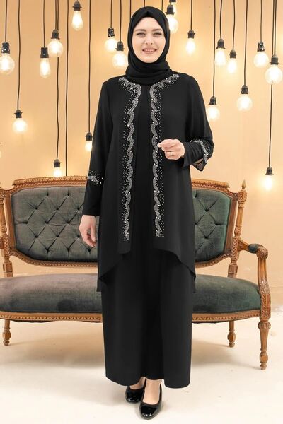 DENİMİNİ Şifon Taş Ve Inci Işlemeli Büyük Beden Tesettür Abiye Dnm628