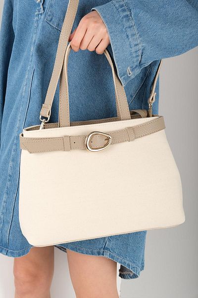 Mio Gusto Buckle Detailed Cream Fabric Mink Color Handle Hand and Women's Shoulder Bag