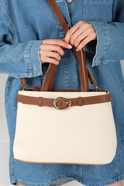 Mio Gusto Buckle Detailed Cream Fabric Tan Color Handle Hand and Women's Shoulder Bag