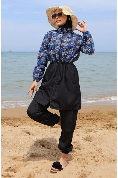sefamerve Μαγιό Hijab με μοτίβο παλάμης 5044-01 Μπλε Μαύρο
