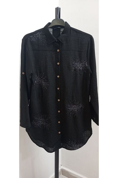AKŞEN GİYİM Plus Size 100% Cotton Silvery Embroidered Shirt Collar Side Pocket 85 cm Tunic