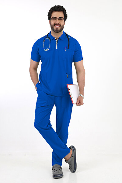 TİJA Saks Mavisi Likralı Polo Yaka Fermuarlı Erkek Doktor Hemşire Üniforma Ta...
