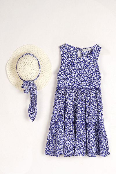 zepkids Crew Neck Zero Sleeve Floral Patterned Layered Hat Accessory Navy Blue Color Girl's Dress
