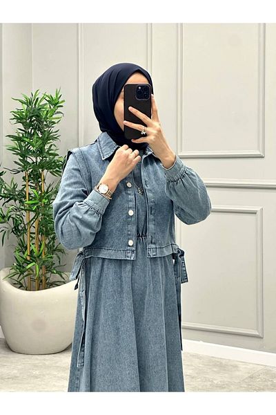 OlaLady Γυναικείο τζιν φόρεμα Hijab με γιλέκο με δέσιμο στο πλάι
