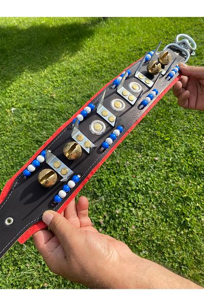 Sürmeli Tasma 4 Bell Kangal Shepherd Collar Genuine Leather Unbendable Unbendable Blue White Beaded