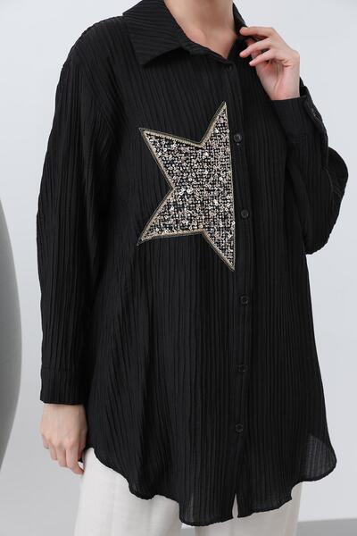 Puane Kadın Önü Yıldız Nakışlı Gömlek Tunik - 10646gml - Siyah
