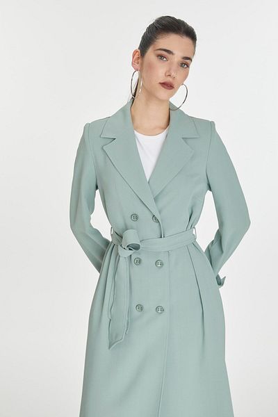 Zühre Double Breasted Collar Sleeve Detailed Belted Mint Cap 13761