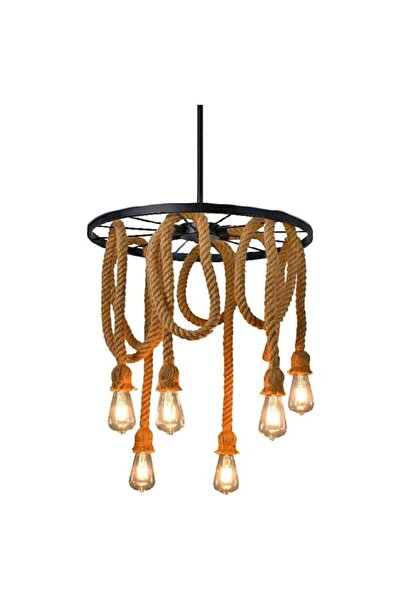 Depox Candelabru suspendat, vintage industrial, frânghie de cânepă, 6 x E27