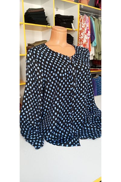 AKŞEN GİYİM Plus Size Jessica Cotton Polyester Fabric Collarless Black and White Pattern Mother Shirt with Foldable Sleeves