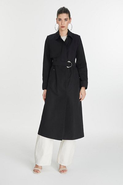 Zühre Shirt Collar Belted Sleeve Detailed Black Trench Coat 13723