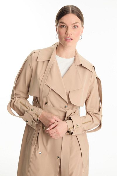 Zühre Double Breasted Collar Epaulet Detailed Belted Beige Trench Coat 13760
