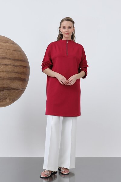 Puane Women's Front Zipper Detailed Tunic - 10611Tun - Burgundy